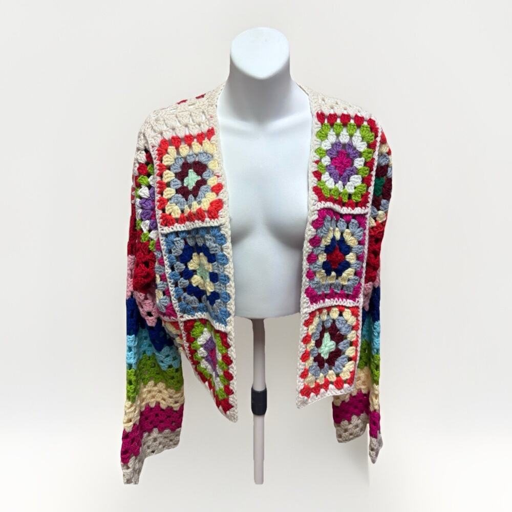 Elan Crochet Granny Square Cardigan Womens M Open Front Boho Festival NWT